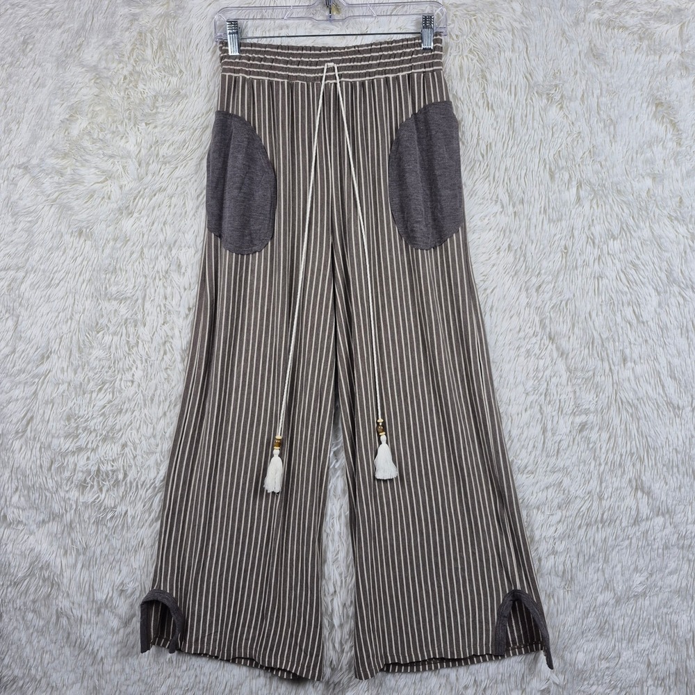 Three Bird Nest Brown Striped Wide Leg Boho Tassle Pants Small Patchwork